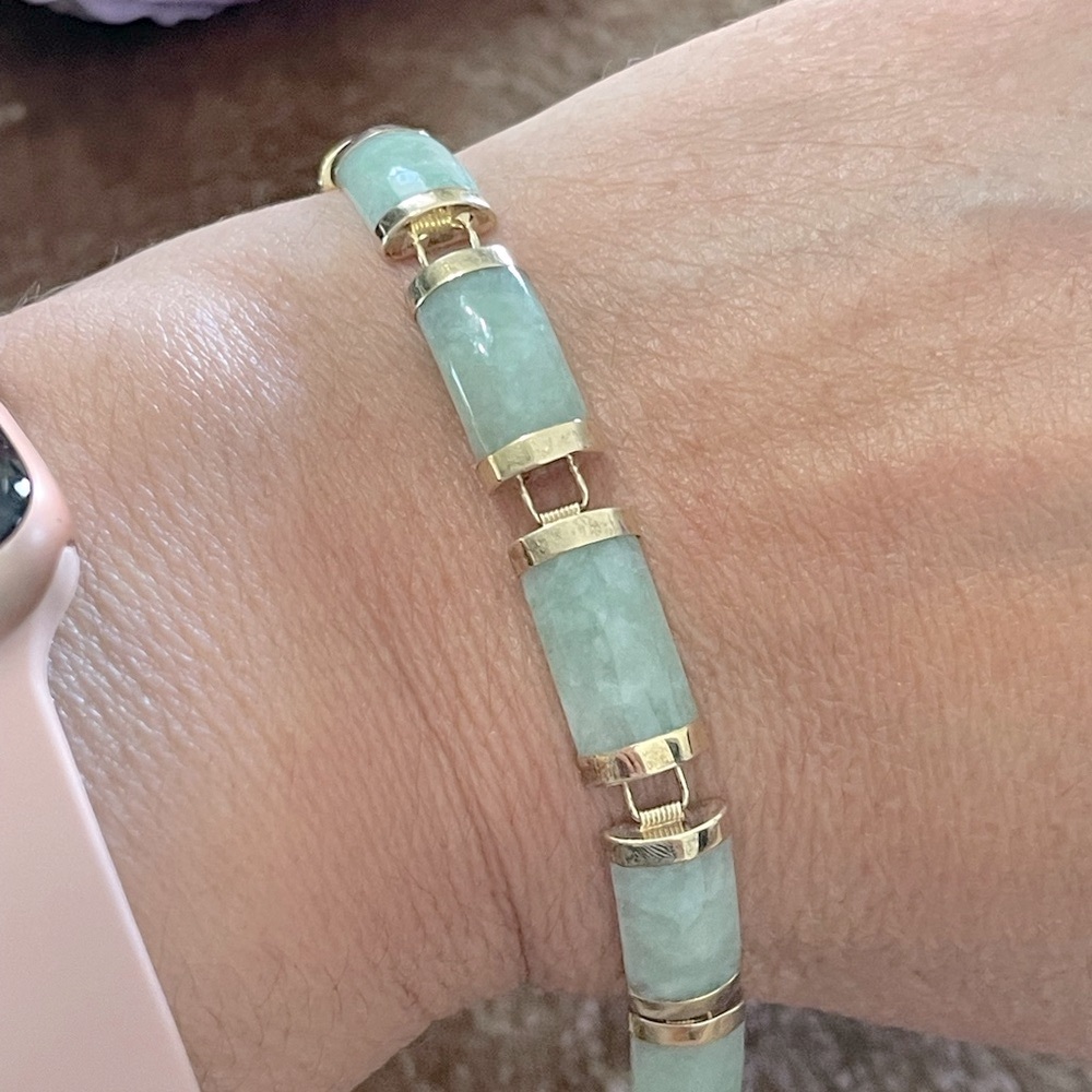❗️FINAL PRICE❗️ 10K Solid Yellow Gold And Natural Green Jade Link Bracelet